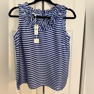 Talbots Women's Blue and White Sleeveless Ruffled Neck Blouse
